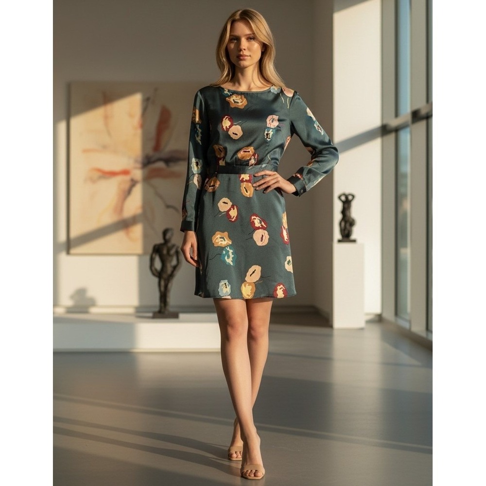 FRNCH Paris Teal Abstract Floral Mini Dress XS Open Back Slit Parisian Chic